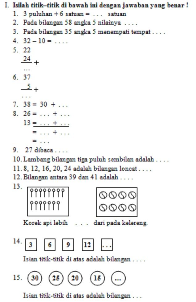 Asah Kemampuan Anak Contoh Soal UKK Matematika Kelas 1 SD Semester 2 Asah Kemampuan Anak Contoh Soal UKK Matematika Kelas 1 SD Semester 2