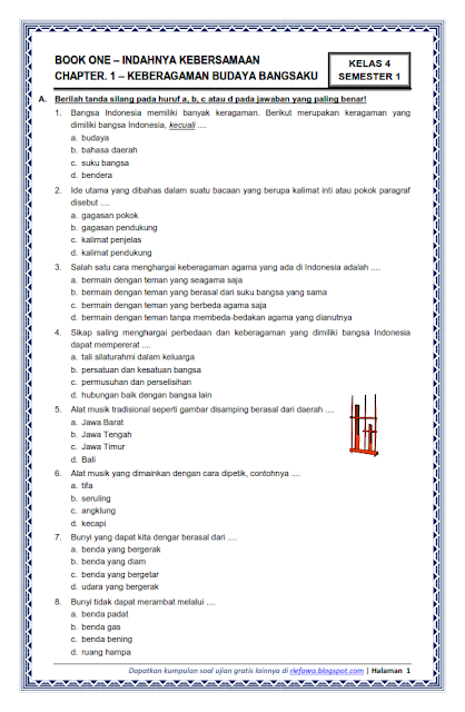 Download Soal Kelas 4 Semester 1 Tema 1 Subtema 1 - Indahnya