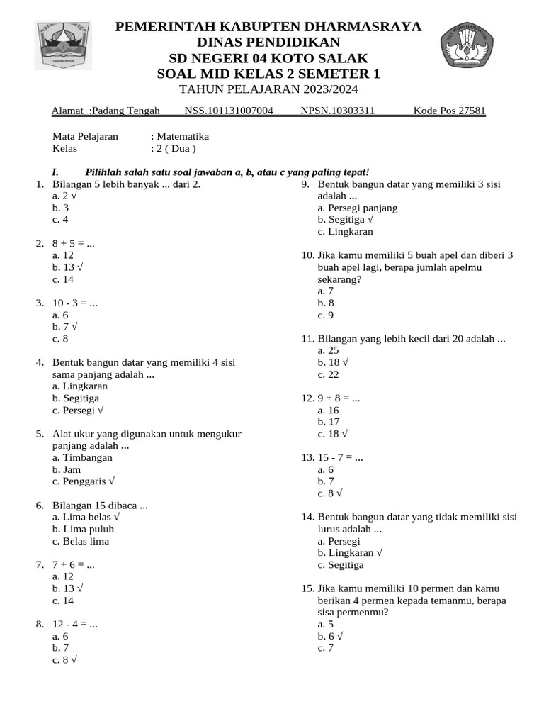 Soal Uas MTK Kelas 2 SMTR 1 TP 2024-2025 PDF