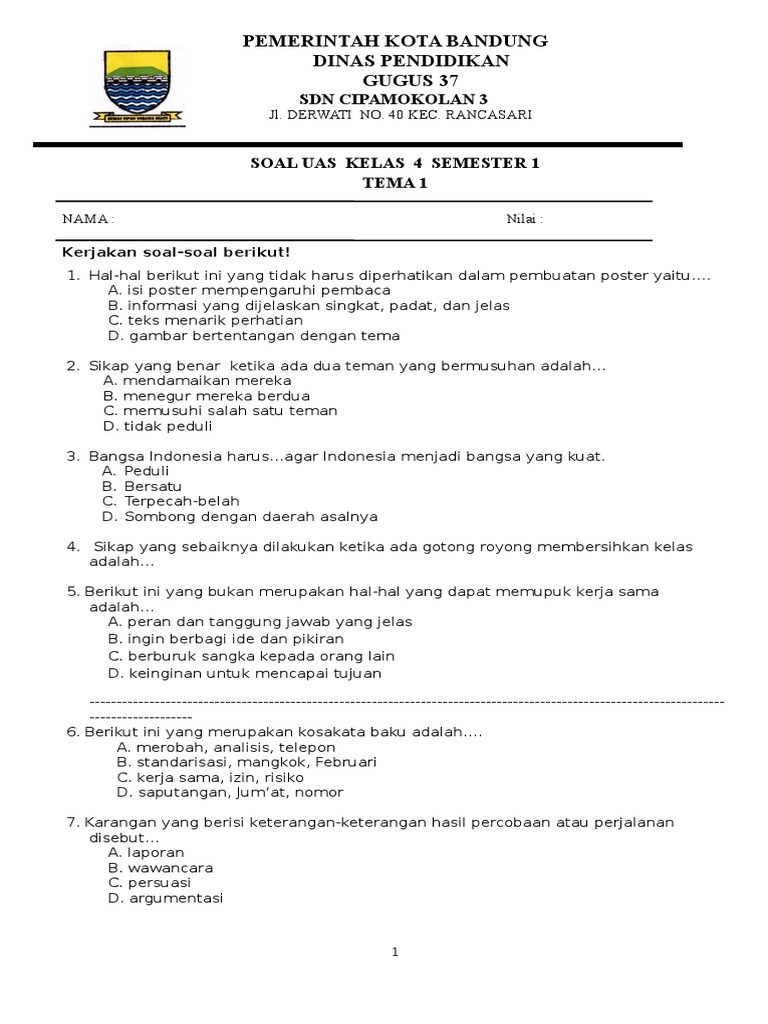 Soal Uas Kelas 4 Semester 1 Tema 1 PDF Soal Uas Kelas 4 Semester 1 Tema 1 PDF